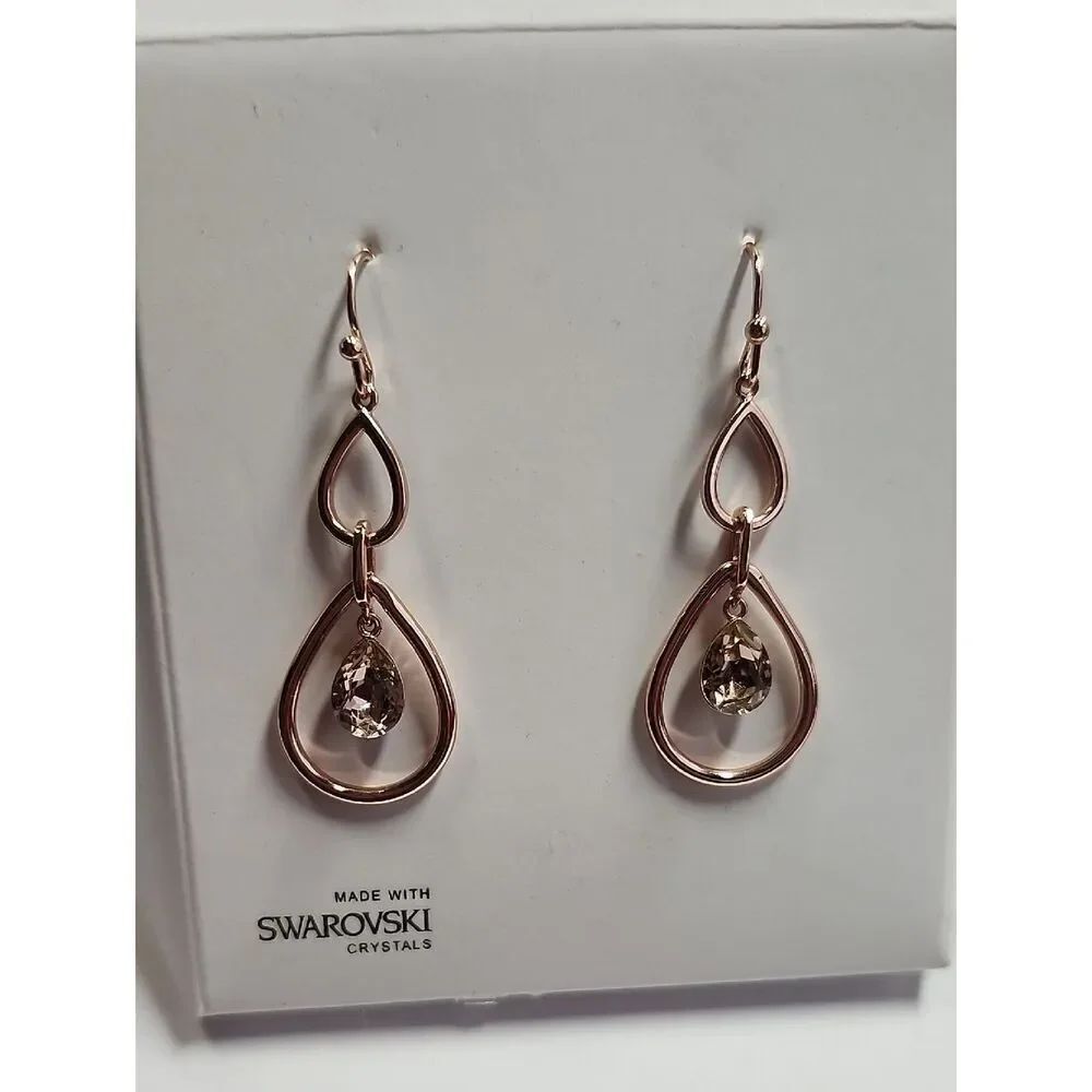 Rose Gold Double Teardrop Earrings with Champagne Crystal Drops